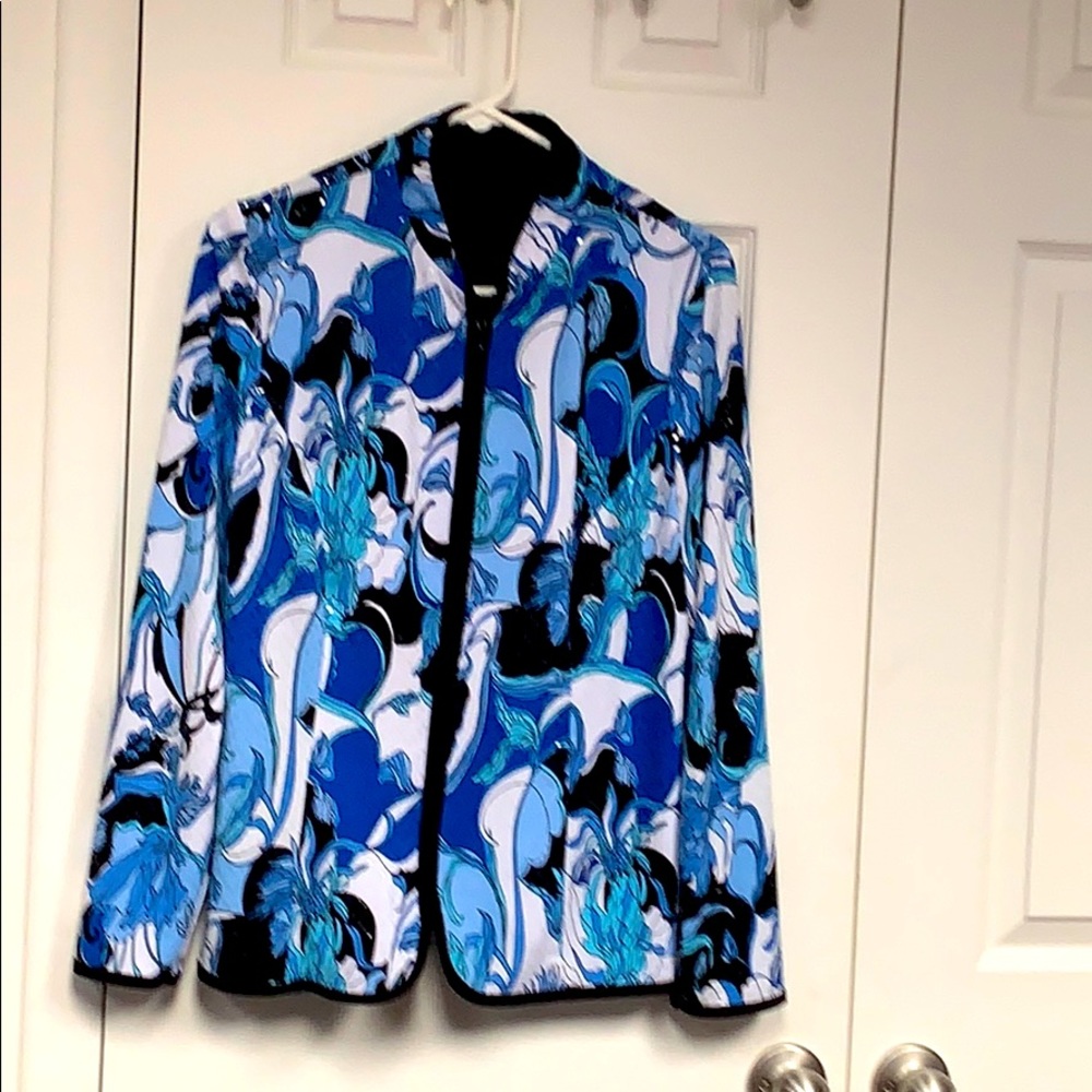 Sporty jacket. Colorful tones of blue on white.